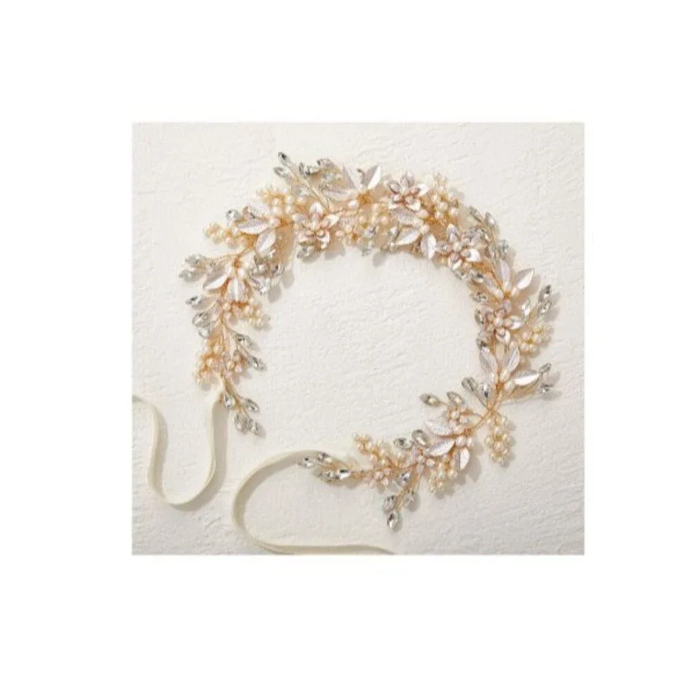 Handmade Rhinestone Wedding Flower Leaf Pearl Bridal Headpieces Gold